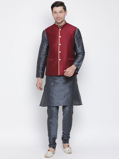 VASTRAMAY Men's Grey Cotton Silk Blend Kurta, Ethnic Jacket and Pyjama Set